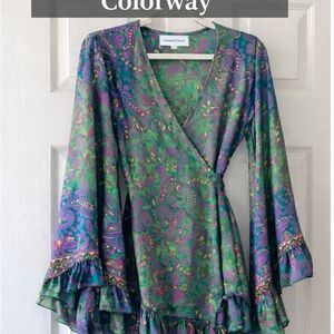 Karma N Crafts 100% Silk Paisley Wrap Dress S/M Green Pink Purple Rare Boho